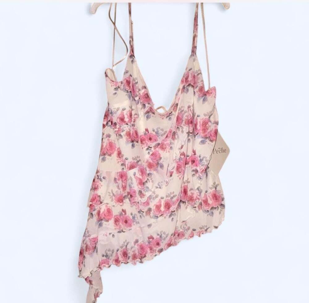 Le Peche Pink Rose Floral Sheer Asymmetrical Ruffle Camisole Top